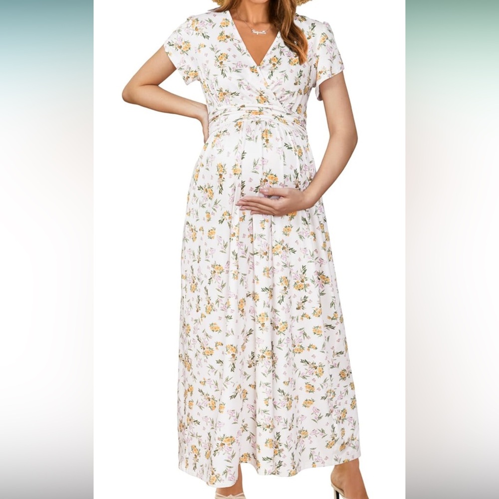 Floral Maternity Maxi Dress - White with Yellow & Pink Floral